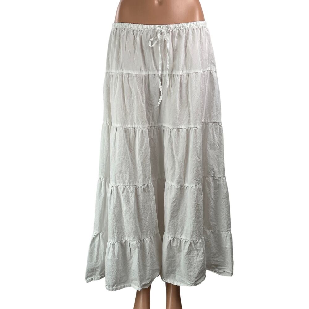 Zara White Casual Tiered Elastic Waist Drawstring Ruffles Flowy Maxi Skirt Sz L